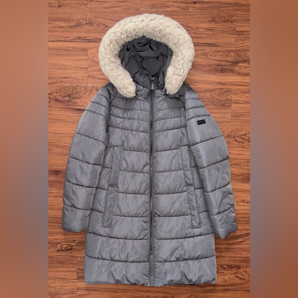 DKNY Women's Puffer Jacket Size S Gray Full Zipper Fur Trim Hood